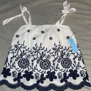 Draper James RSVP White and Navy Embroidered Eyelet Tank Top
